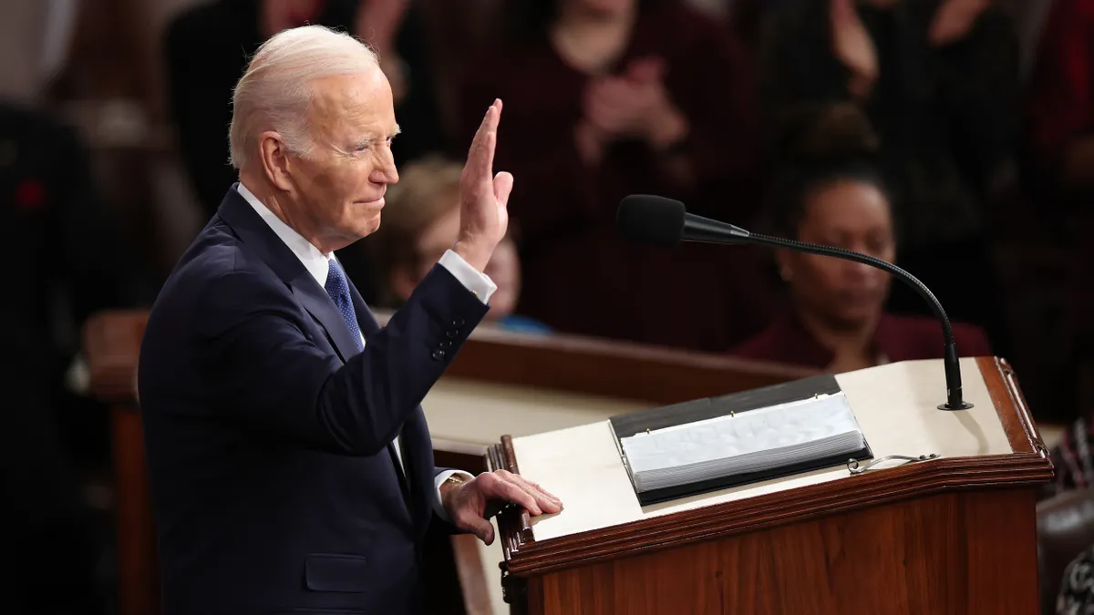 U.S. President Joe Biden delivers his State of the Union address during a joint meeting of Congress in the House Chamber of the U.S. Capitol on February 07, 2023 in Washington, DC.