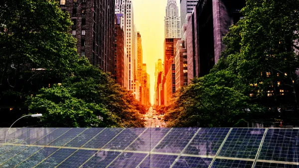 Solar panels are seen over 42nd Street in midtown Manhattan