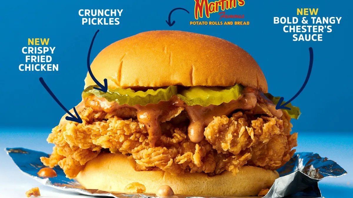 A promotional image for Chester's redesigned chicken sandwich, which launched in 2023.