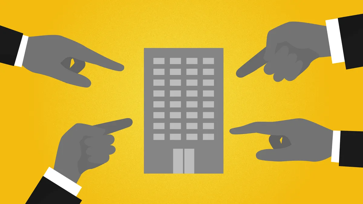 activist shareholder, hands pointing at building