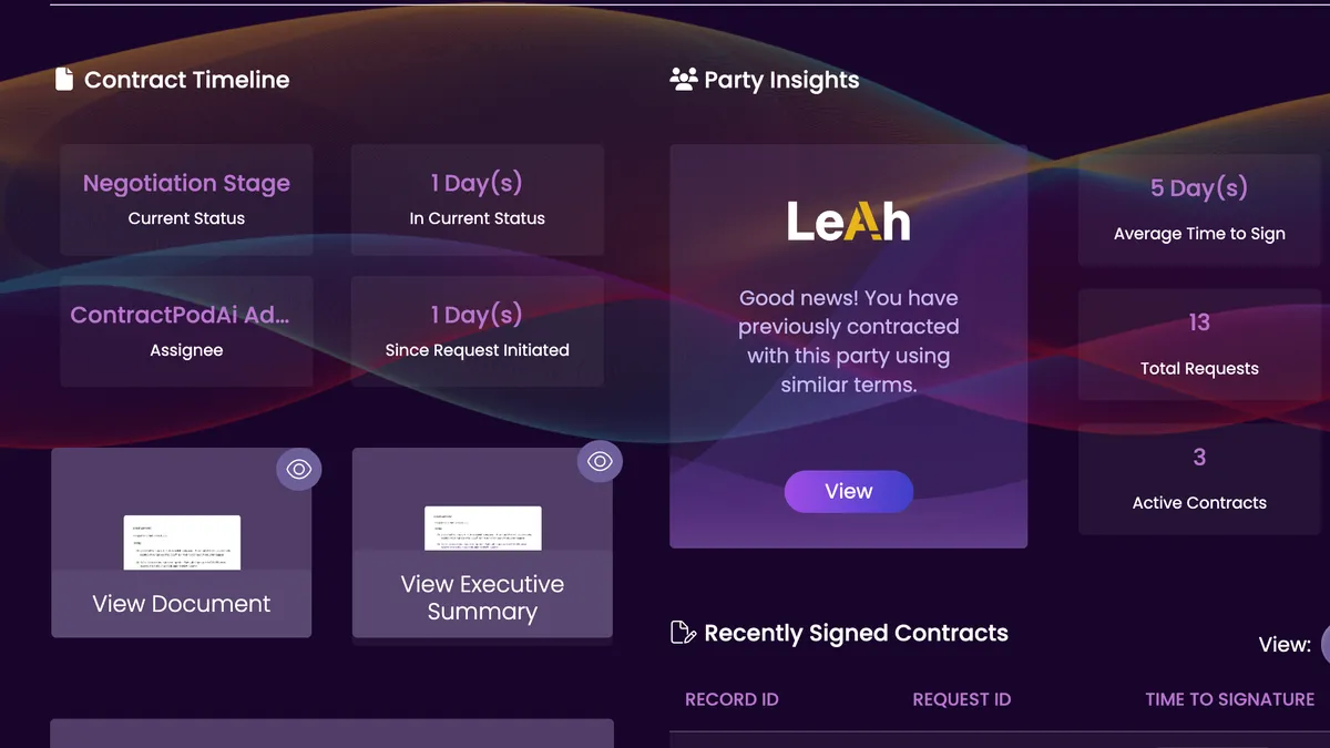 A screenshot of ContractPodAI's legal assistant Leah displaying contracting insights