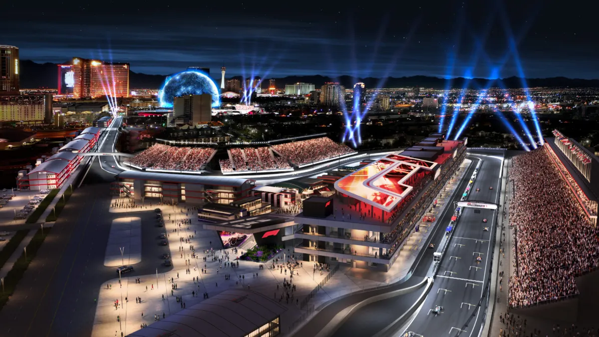 a rendering of a car race on the Las Vegas Strip