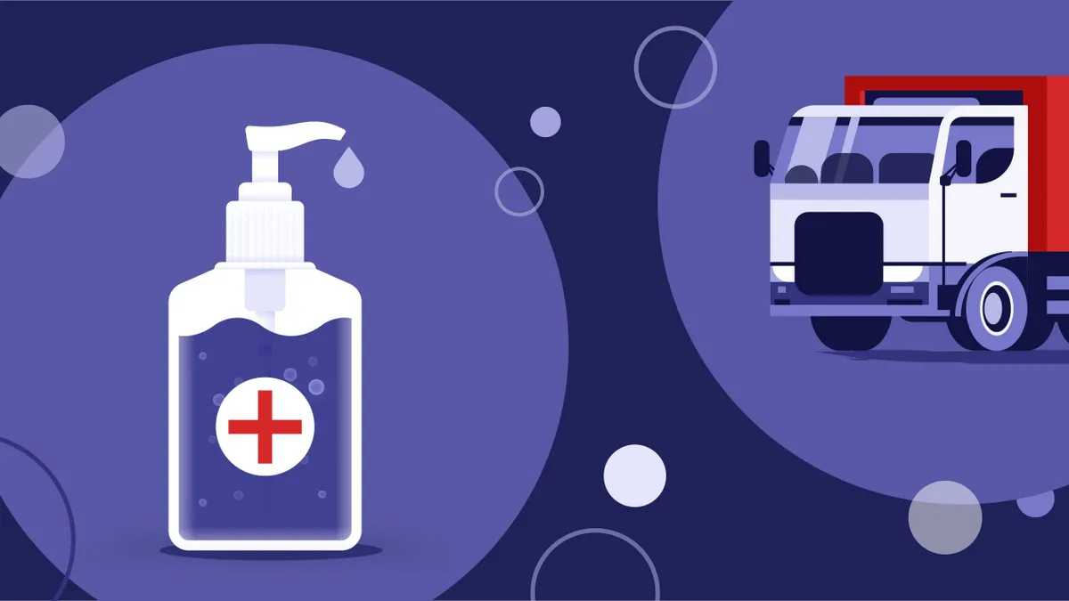 An illustration of hand sanitizer and a truck