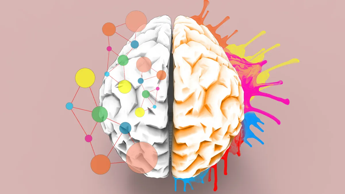 sketch of a brain with colorful blobs representing left and right brain