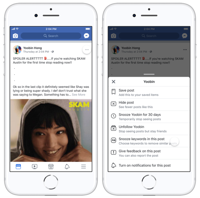 An example of how to use Facebook's snooze keywords tool