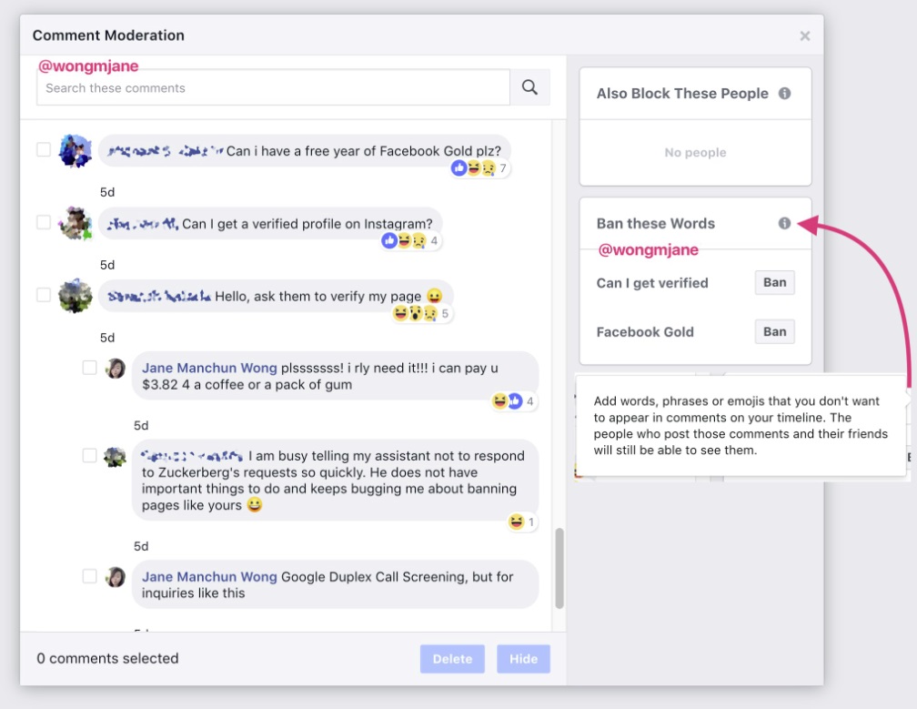 Facebook keyword blocking on profiles