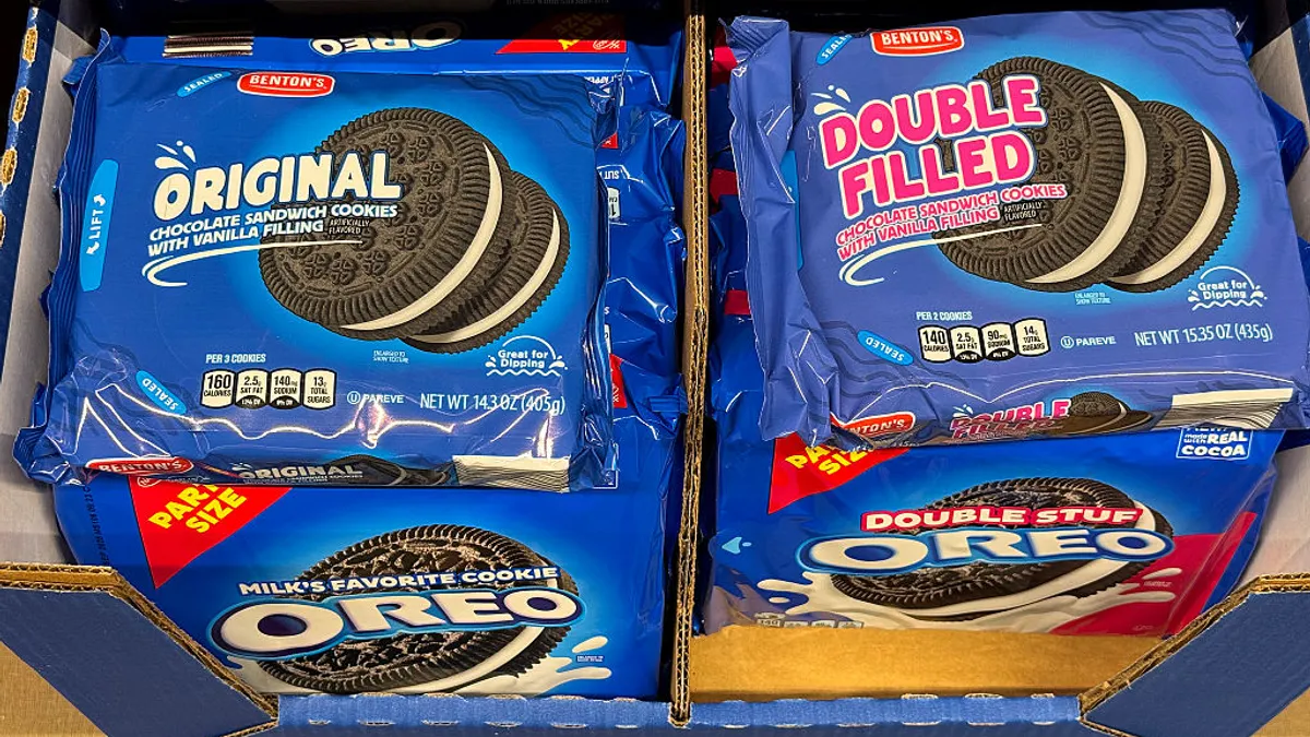 Oreo Cookies are displayed next to Aldi Supermarket's Benton's brand cookies