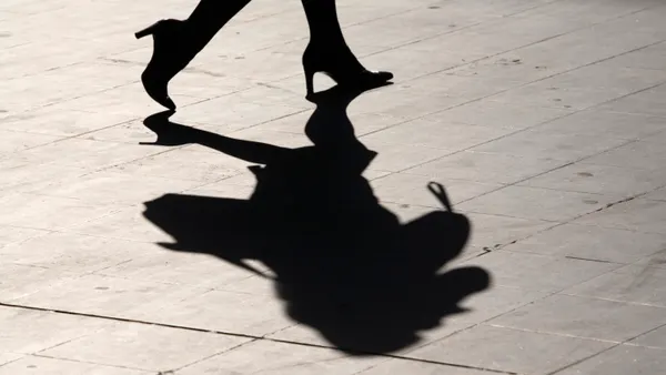 A person walking in high-heeled shoes across a sunlit paved surface, with a large shadow showing the outline of a handbag cast on the ground. The image is cropped to show only the lower legs, shoes, and shadow.