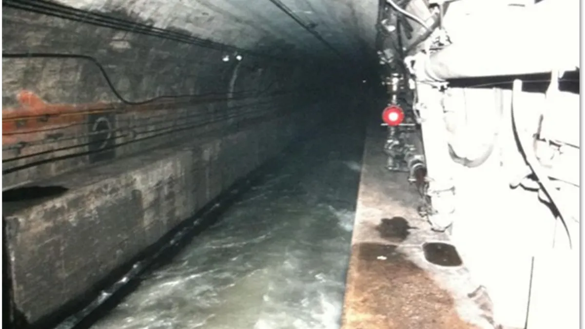 Interior view of the East River rail tunnel in New York City flooded during Hurricane Sandy.