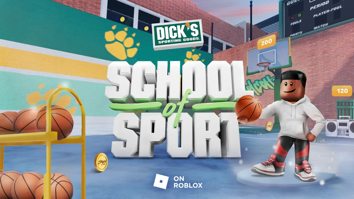 A Roblox avatar bounces a basketball in a basketball court with the text "School of Sport" on the right.