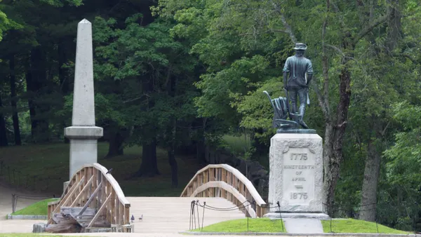 Minuteman Statue, North Bridge and Monument at Concord, MA.Here, on the 19 of April 1775 was made the first forcible resistance to British aggression on the opposite bank stood the American Army and on this spot the first of the Enemy fell in the war of the Revolution which gave independence to these United State in gratitude to God and in the love of freedom.