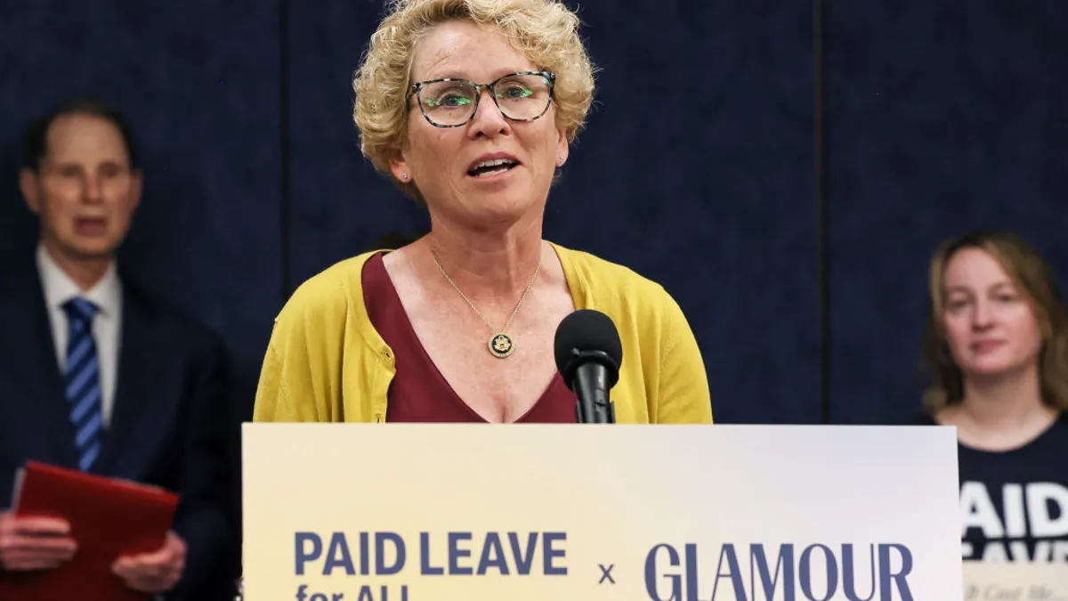 Chrissy Houlahan speaks at a Paid Leave for All event