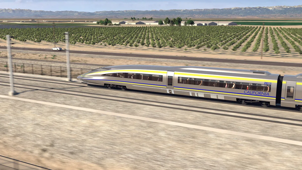 An illustration of a high-speed train in California's Central Valley.