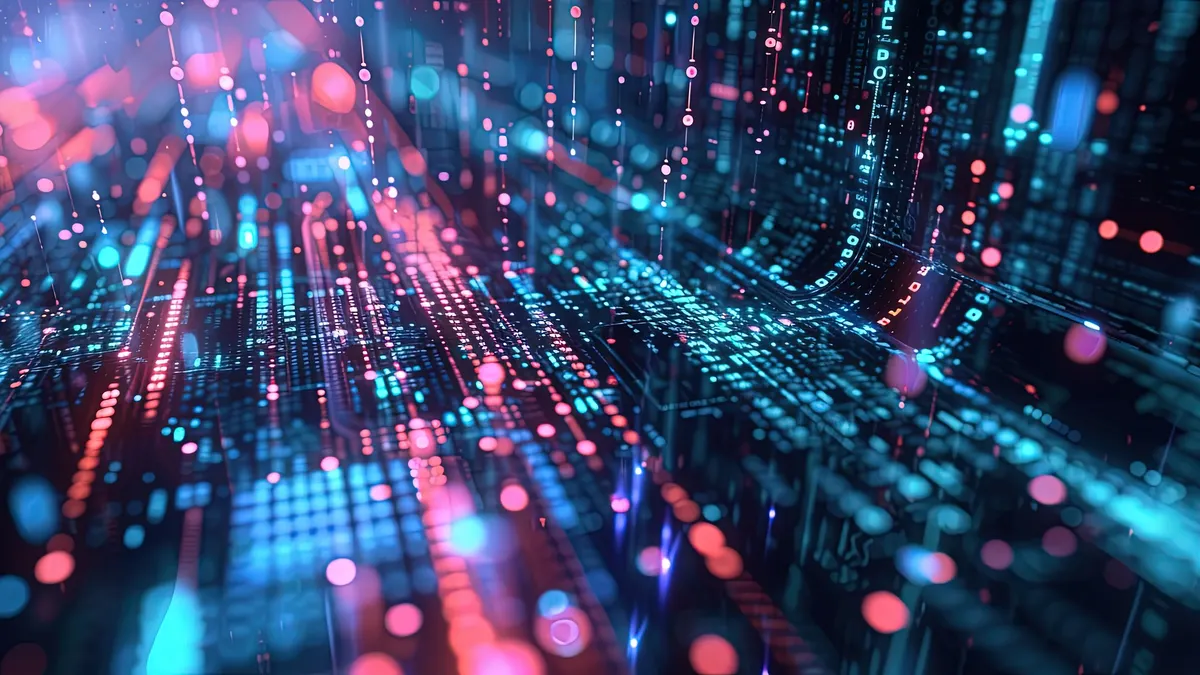 A vibrant digital representation featuring streams of glowing blue and pink data flowing through a complex, futuristic network.