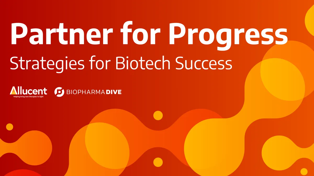 This image depicts the podcast series image for Allucent's BioPharma Dive series, "Partner for Progress: Strategies for Biotech Success"