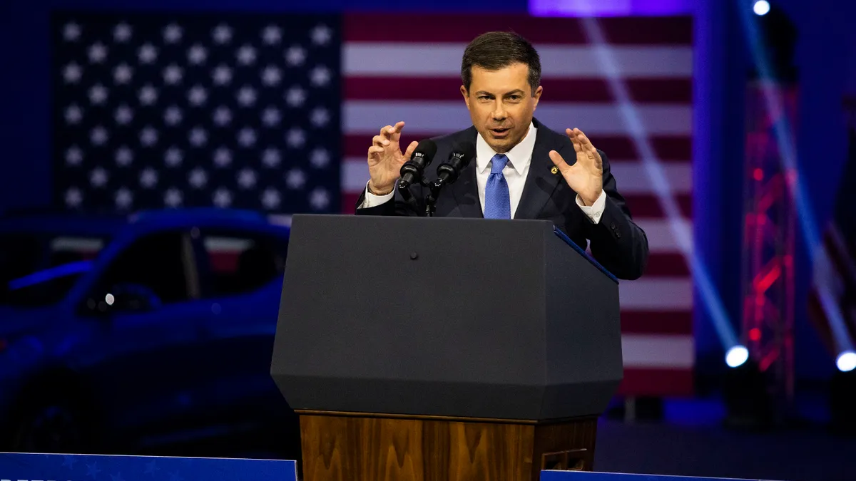 Secretary of Transportation Pete Buttigieg speaks at the North American International Auto Show on September 14, 2022 in Detroit, Michigan.