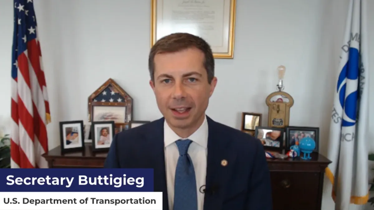 Secretary Pete Buttigieg delivers remarks and answers questions in his office, commenting on supply chain obstacles and its outlook.