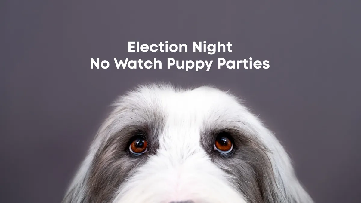 Close up of a dog's head below the words: Election night no watch puppy parties.