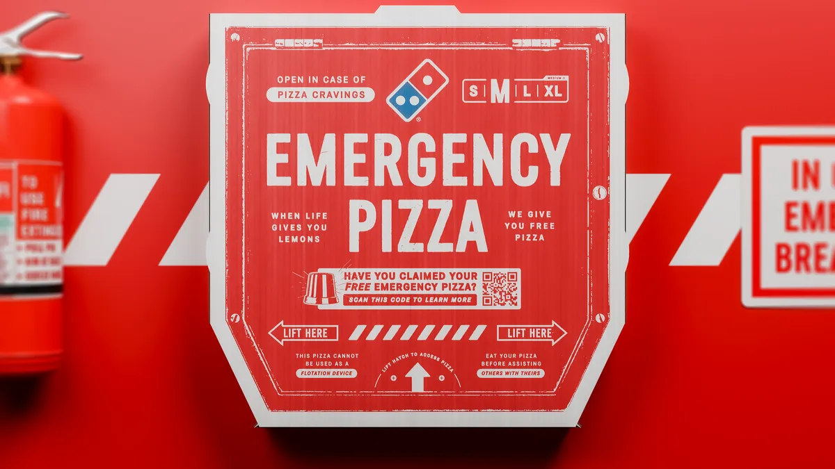 A red emergency pizza box from Domino's