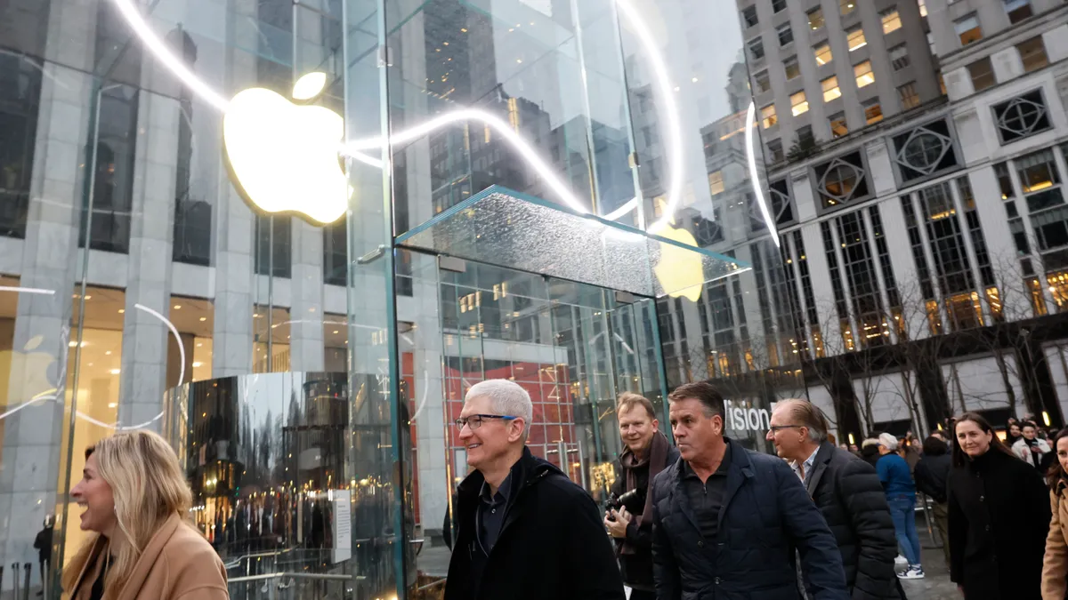 Apple CEO Tim Cook arrives as people stand in line to purchase the Apple Vision Pro headset at the Fifth Avenue Apple store on February 02, 2024 in New York City.