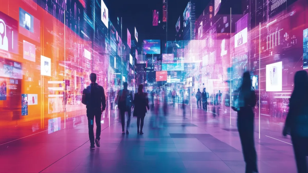 People walking through a futuristic, neon-lit digital cityscape.
