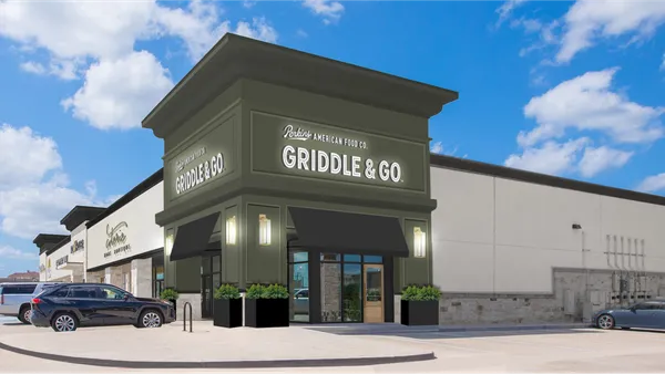 A rendering of a green building in a corner unit with Griddle & Go branding.