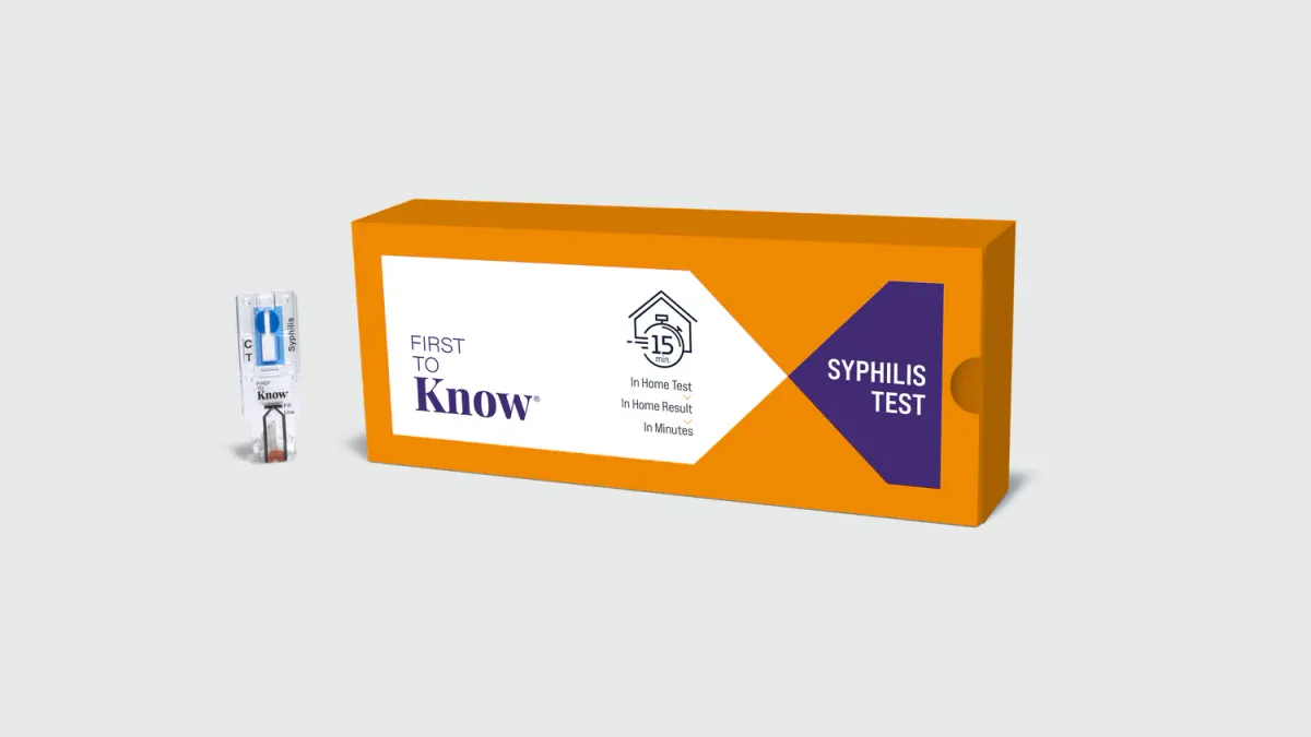 A picture of NowDiagnostics' syphilis blood test against a gray background.