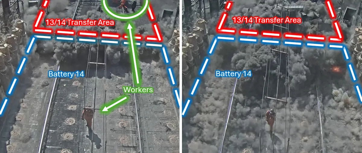 Two images next to each other of workers in PPE running away from black smoke.