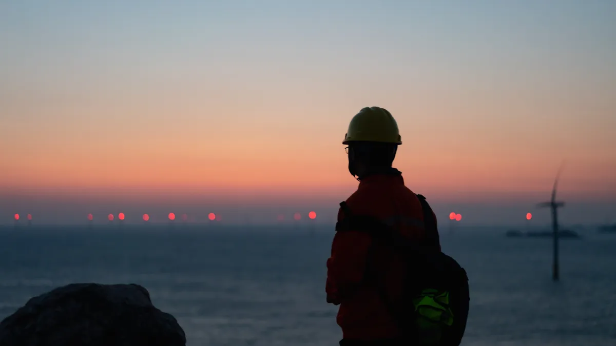 An engineer looks out over an offshore wind farm at dusk.