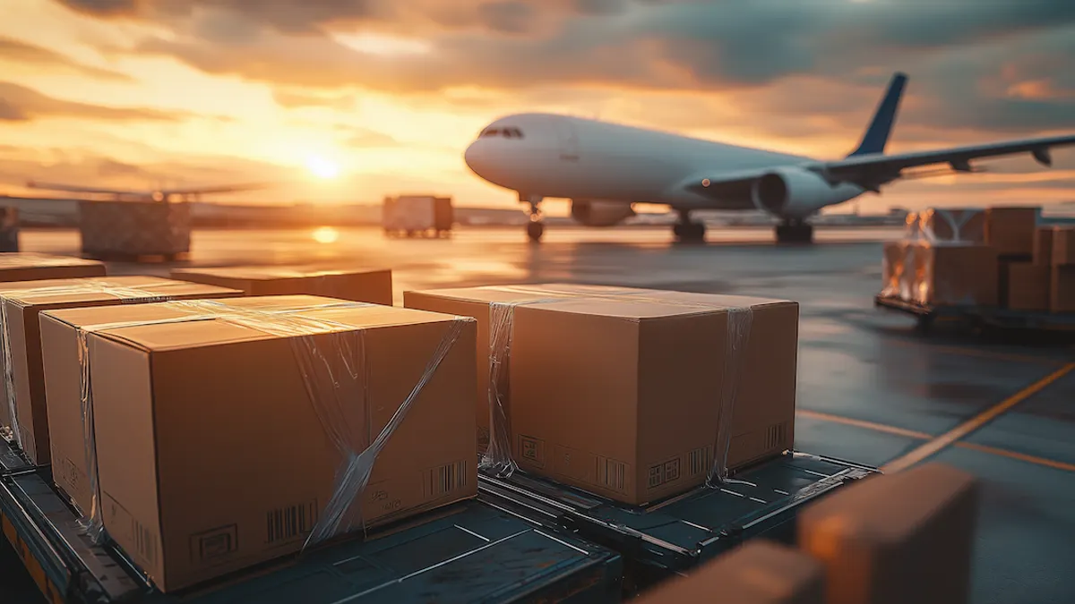Cargo boxes on pallets at an airport with a plane in the background during a dramatic sunset, conveying a sense of global logistics and travel.