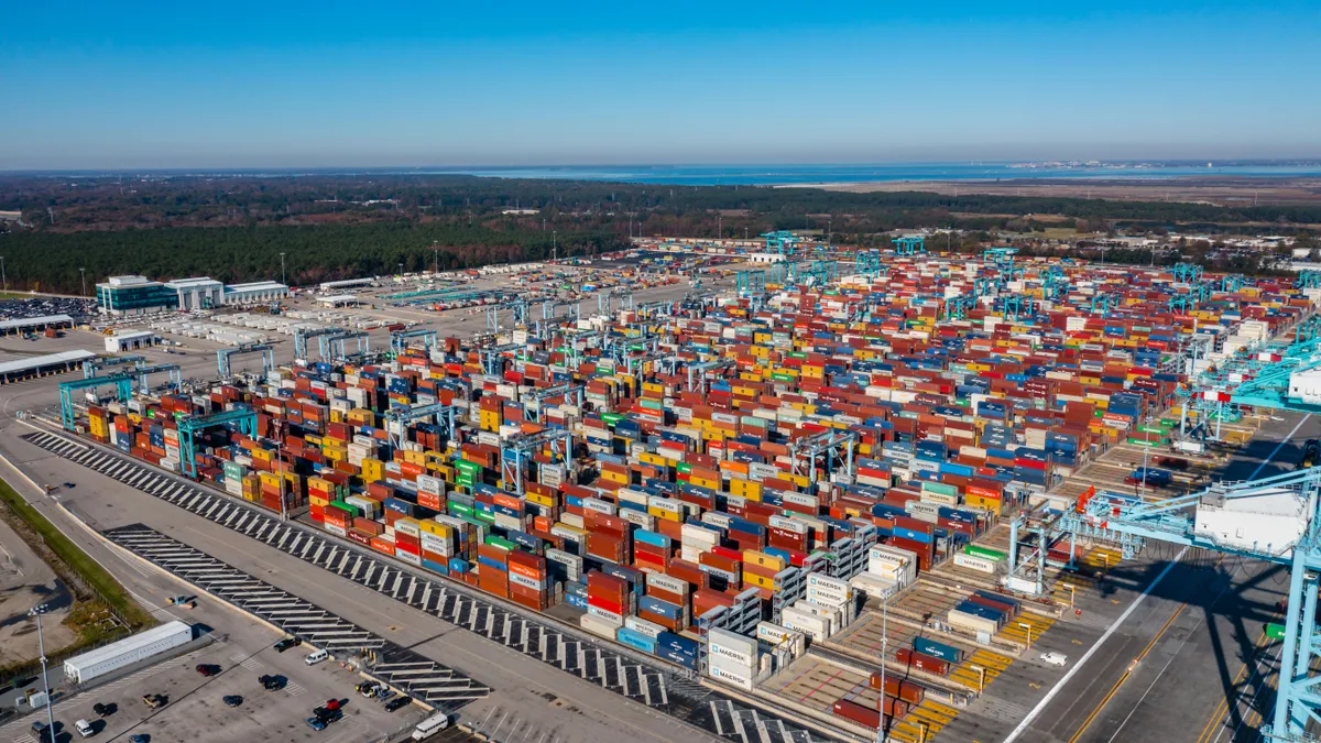 An aerial view of TEU containers stacked at Virginia International Gateway