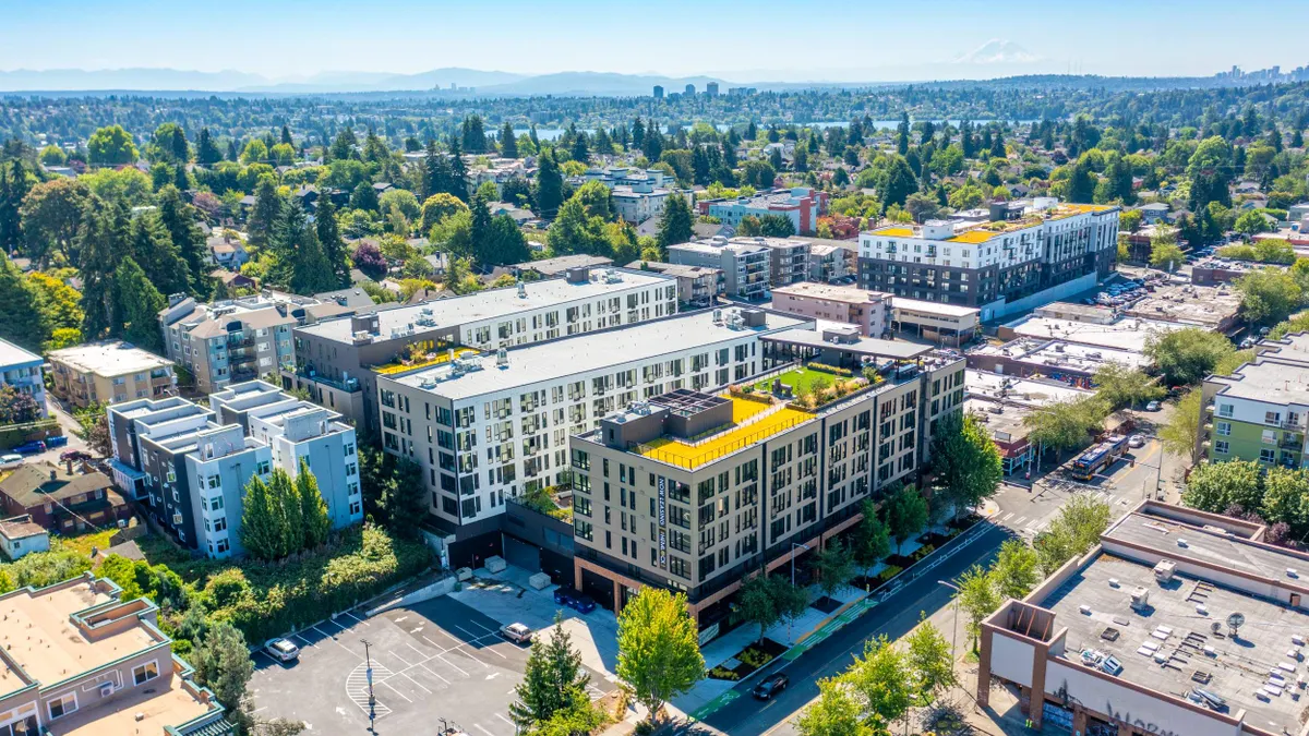 Aerial view of apartment building.