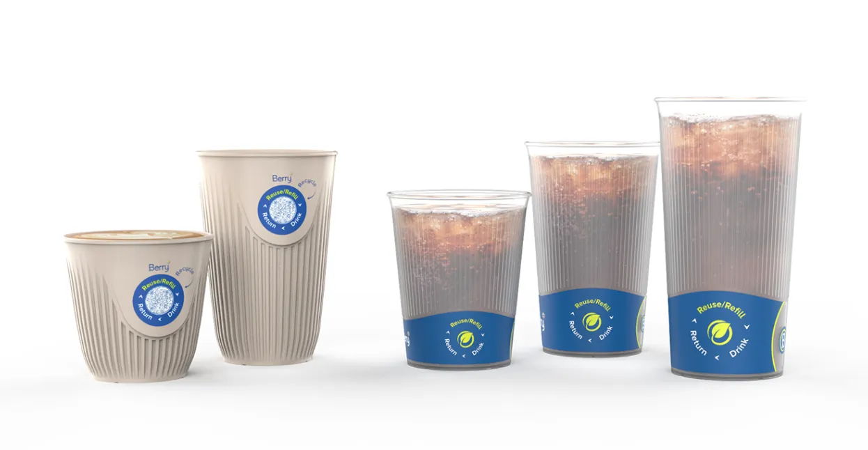 Two opaque beige cups and three clear cups with cola, all bearing the Berry Global logo.