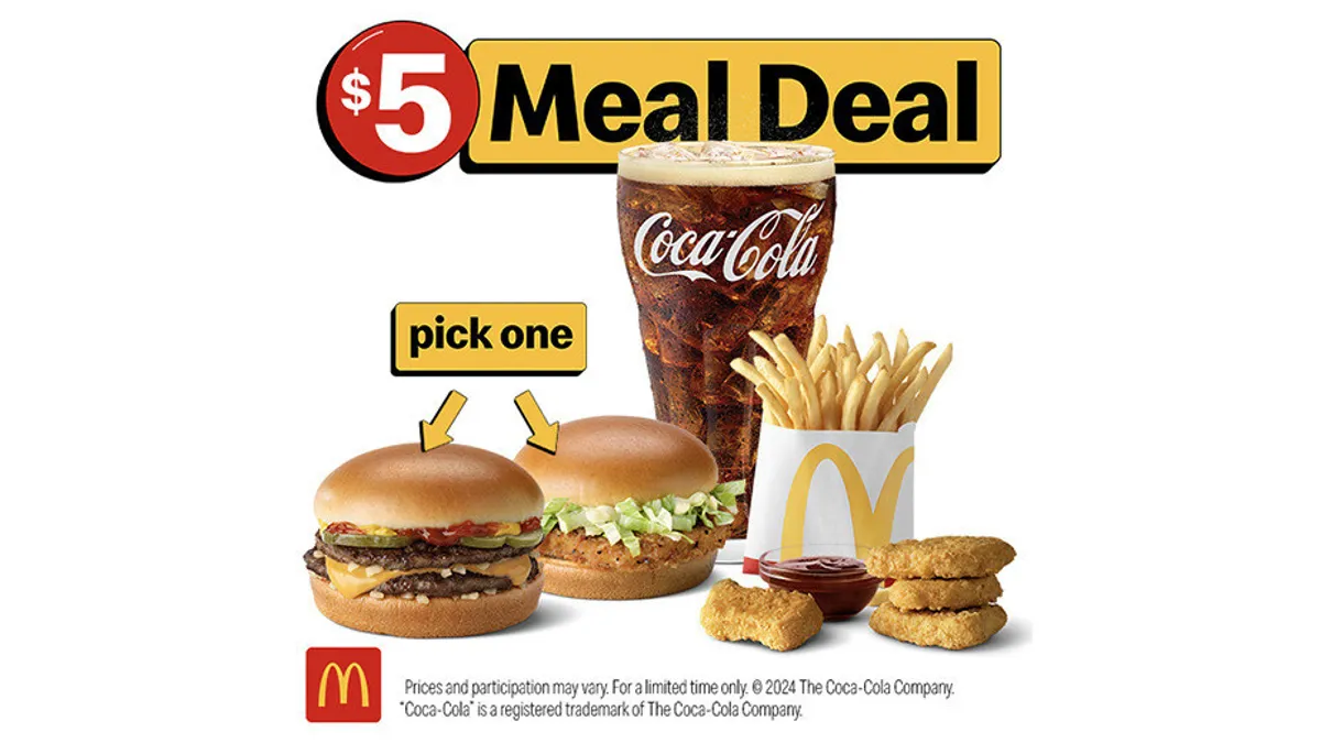 An image of a cheeseburger, chicken sandwhich, chicken nuggest, fries and a drink on a blank background. The image includes "$5 Meal Deal" wording.