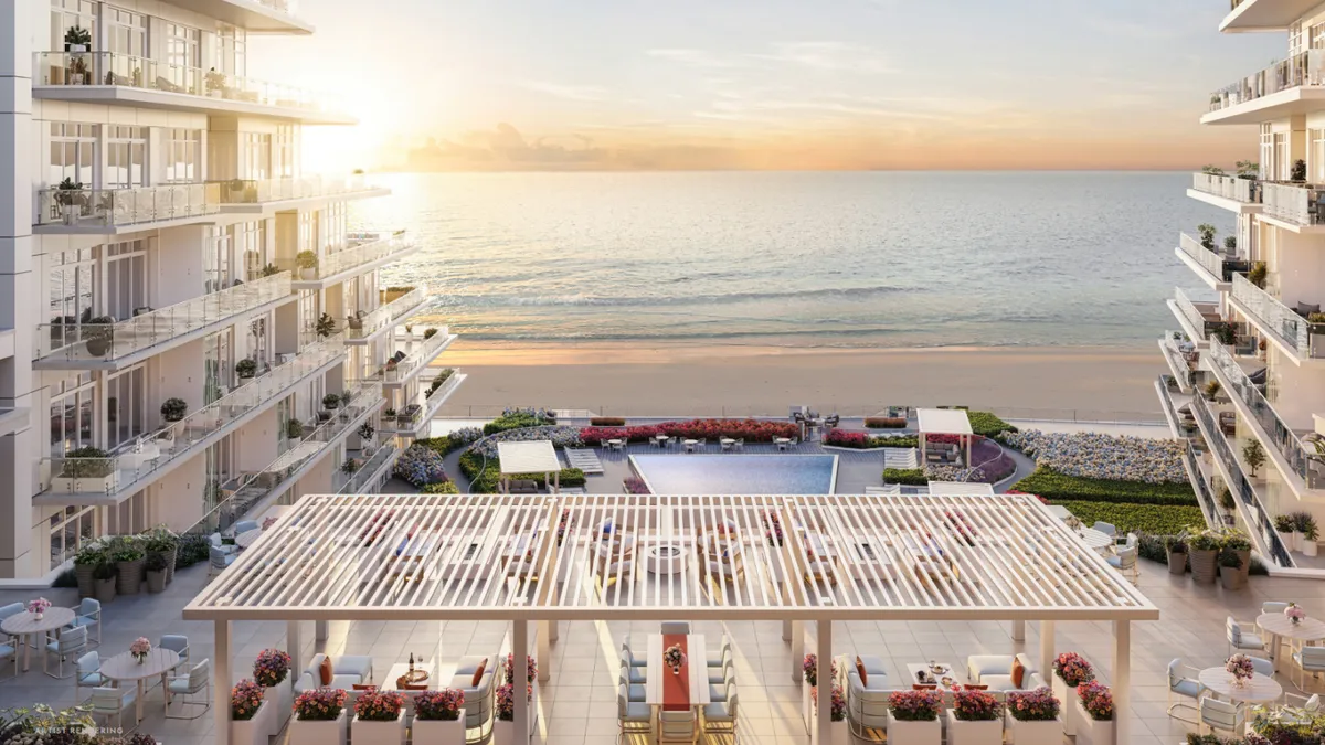 A rendering of a pool deck and oceanfront.