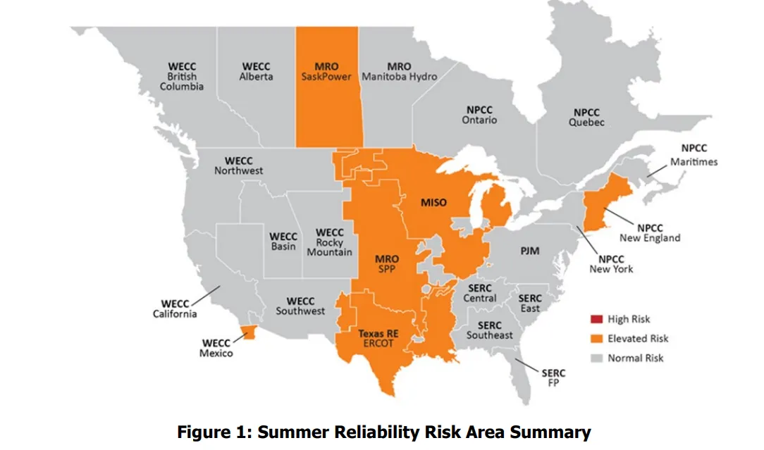 Map shows portions of the United States at risk of energy shortfalls during periods of extreme summer heat.