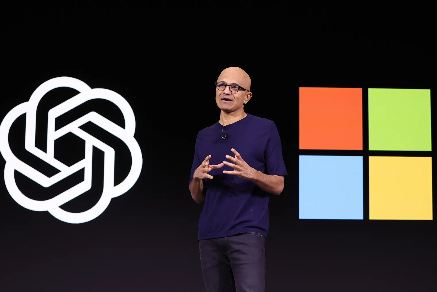 Microsoft CEO Satya Nadella speaks during the OpenAI DevDay event on November 06, 2023 in San Francisco, California. Altman delivered the keynote address at the first-ever Open AI DevDay conference.