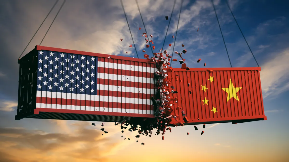 USA and China trade war. US of America and chinese flags crashed containers on sky at sunset background. 3d illustration