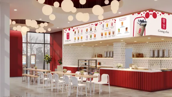 Inside a beverage facility that sells boba teas.