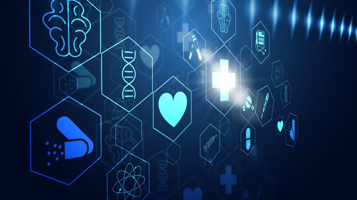 Healthcare network connection on modern virtual interface on hospital background