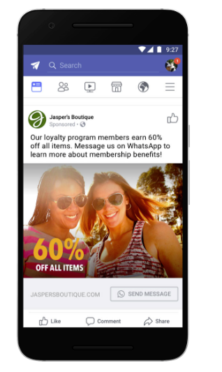 A WhatsApp CTA on a Facebook News Feed ad