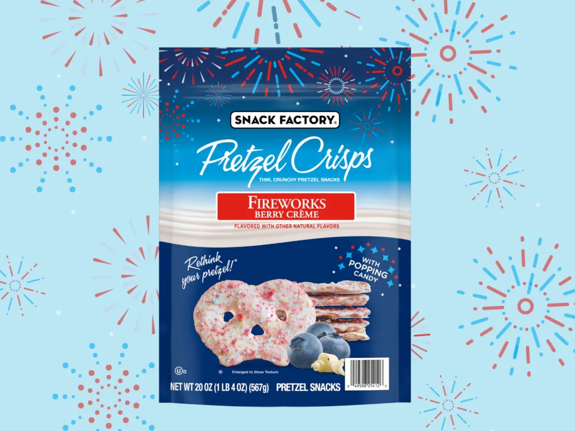 A package of Pretzel Crisps infront of a background showcasing drawn fireworks.