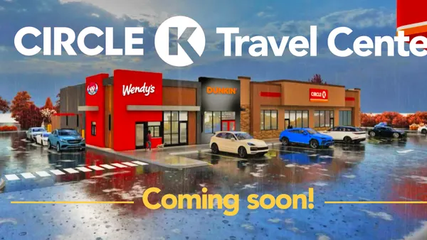 A rendering of a travel stop with gas pumps and a building with several doors in front. Signs on the building say Wendy's, Dunkin' and Circle K while text on the image says Circle K travel center coming soon.