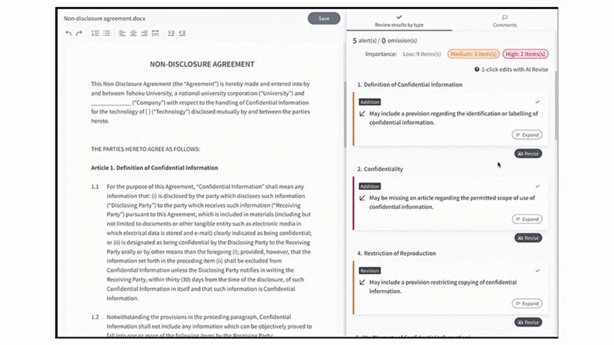 LegalOn Technologies' AI Revise software in action on a non-disclosure agreement