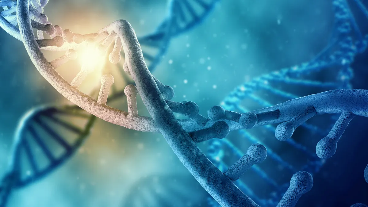 An illustration of a DNA strand that's very blue in color.