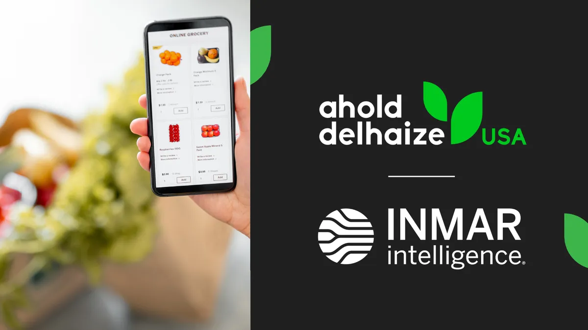 To the left, an hand holding a phone showing online grocery shopping. To the right, a black background with text reading "Ahold Delhaize USA" and "Inmar Intelligence" in white block letters