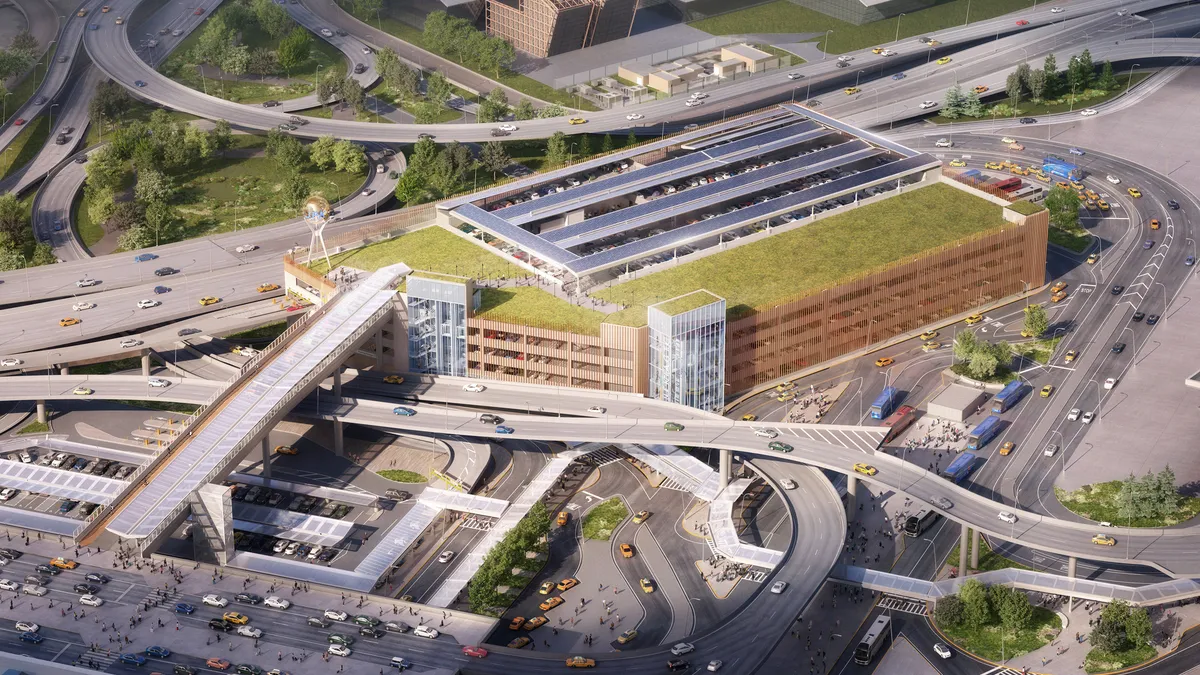 A rendering of an airport loop and a parking garage.