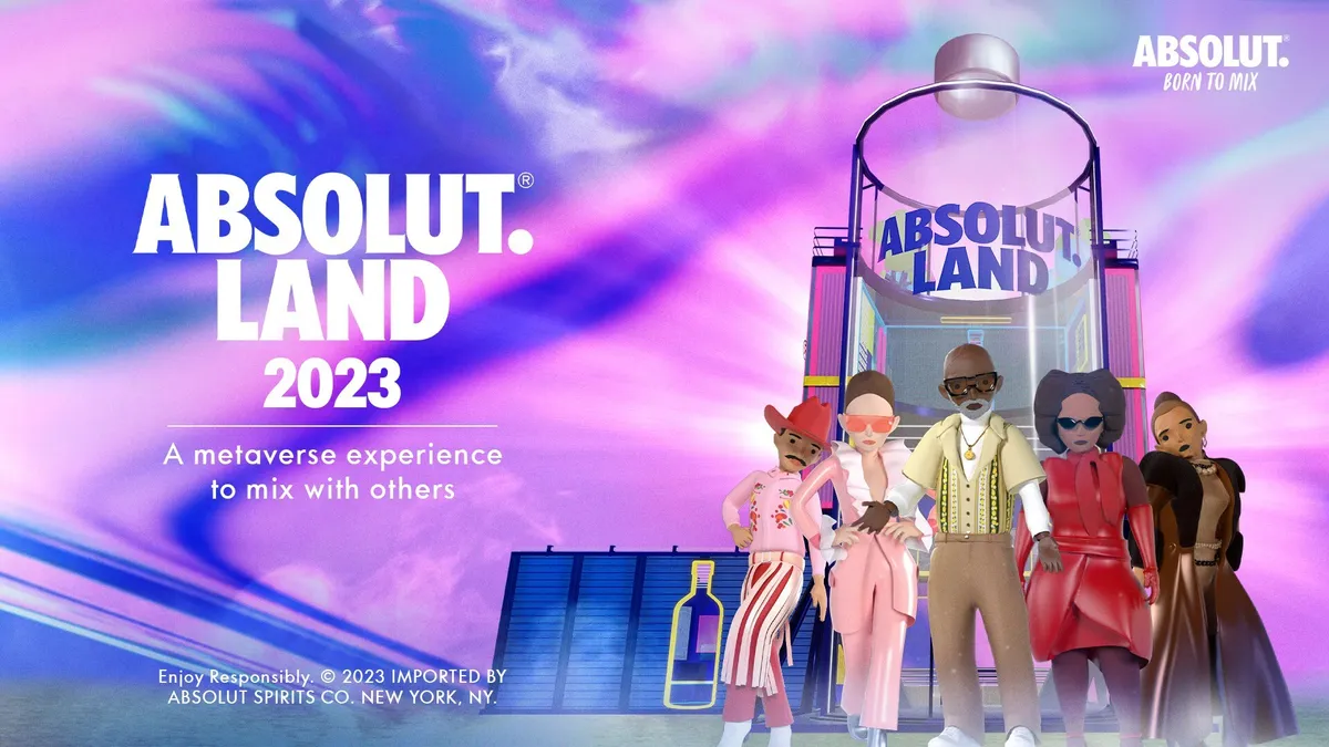 Diverse avatars gather in front of a giant Absolut Land bottle to promote Absolut's Coachella metaverse experience.