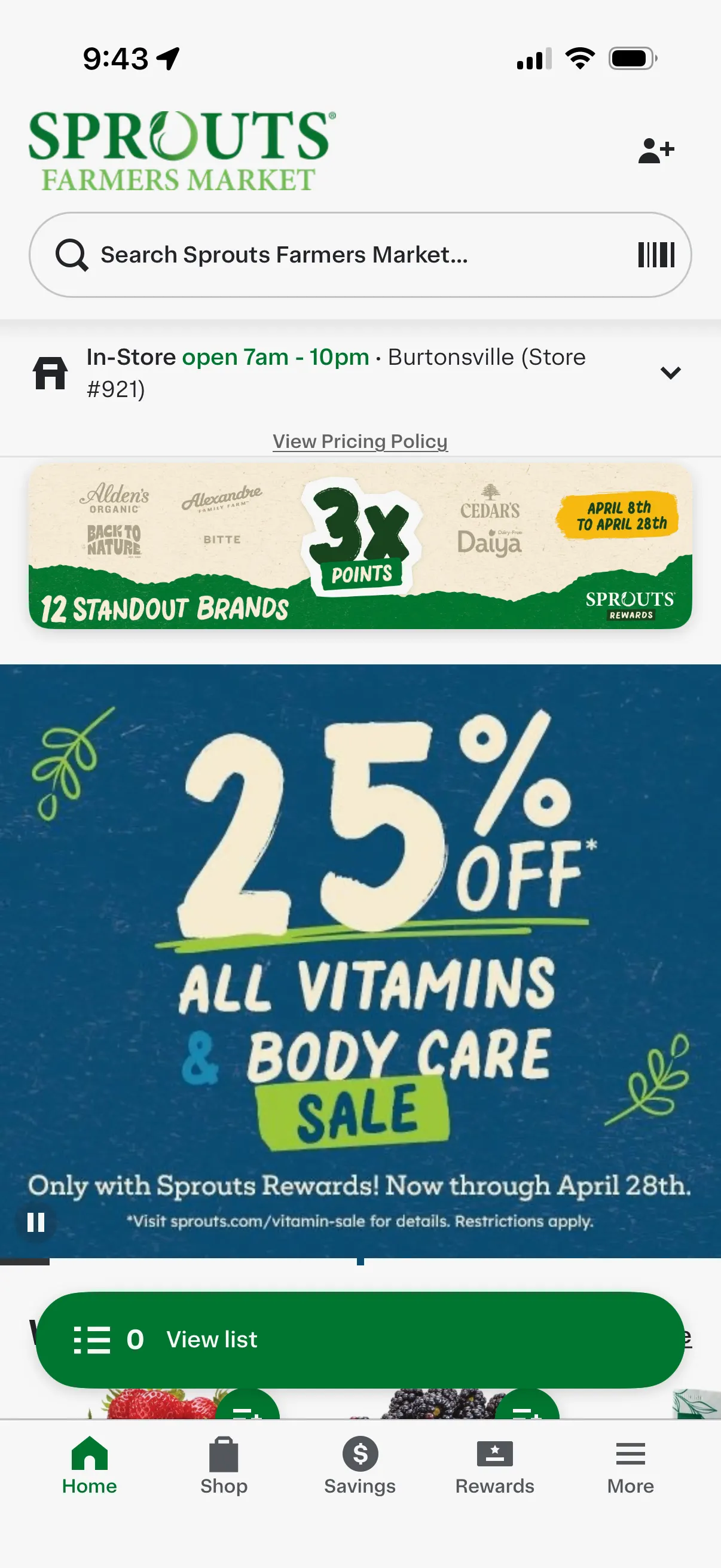 A screenshot of the Sprouts app showing a “3X points” offer for private label products and 25% off all vitamin and body care products for loyalty program members.
