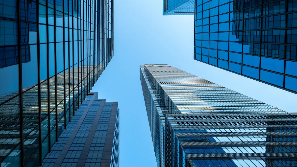 a shot of a cityscape from seen from the ground